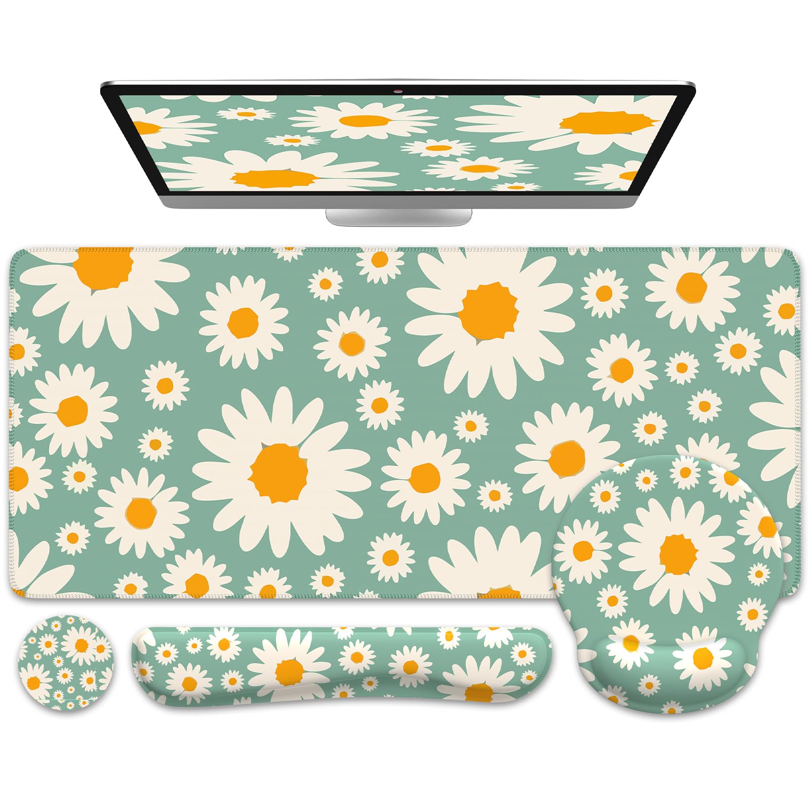 iCasso Desk Cover Mat, 4in1 Floral Large Mouse Pad with Wrist Rest, Desk Matt for Desktop, Anti-Slip XXL Big Computer Ergonomic Mousepad with Wrist