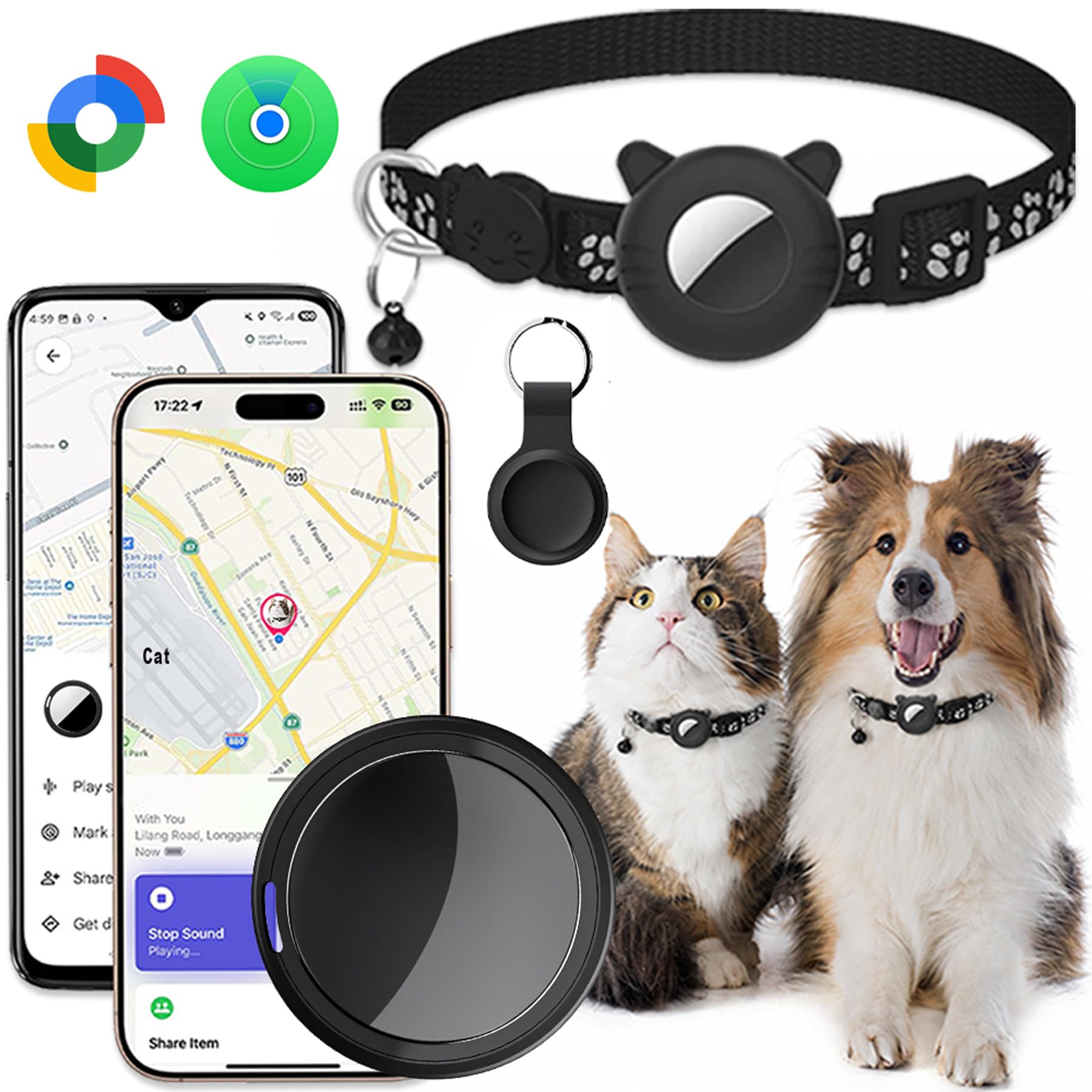 GPS Perros, Collar GPS Gatos 2 en 1, Localizador GPS Perros iOS/Android | GPS Gatos de Ubicación en Tiempo Real Sin Suscripción, Ajustable IP67 Impermeable Para Gatos, Perros Rastreador de mascotas