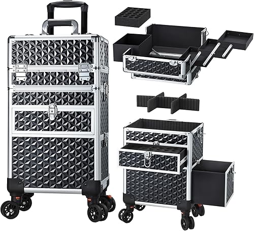 Joligrace Estuche de maquillaje rodante 4 en 1 con ruedas y cajones, gran estuche profesional de cosmetología con cerradura, estuches de