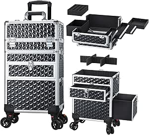 Joligrace Rolling Makeup Case with Drawers - Tattoo Storage Organizer Travel Cart for Nail Tech, Cosmetology, Barber Tools - Portable Suitcase on Wheels