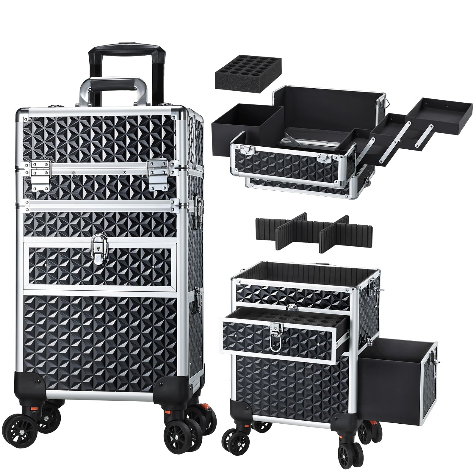 Rolling Makeup Case 4 in 1 with Wheels & Drawers Large Professional Cosmetology Trolley Case Lockable Travel Cosmetic Storage Train Cases for Nail Technicians, Makeup Artist and Hairstylist