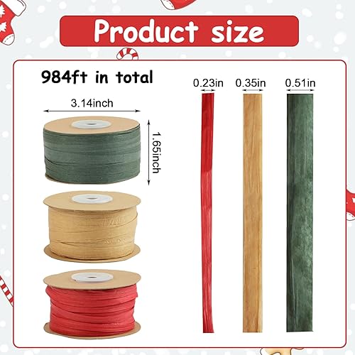 Miniatura 2 de FOIMAS Cinta de papel de rafia de 984 pies, cinta de papel kraft rojo, verde y marrón, cuerda de regalo para envolver regalos de Navidad,