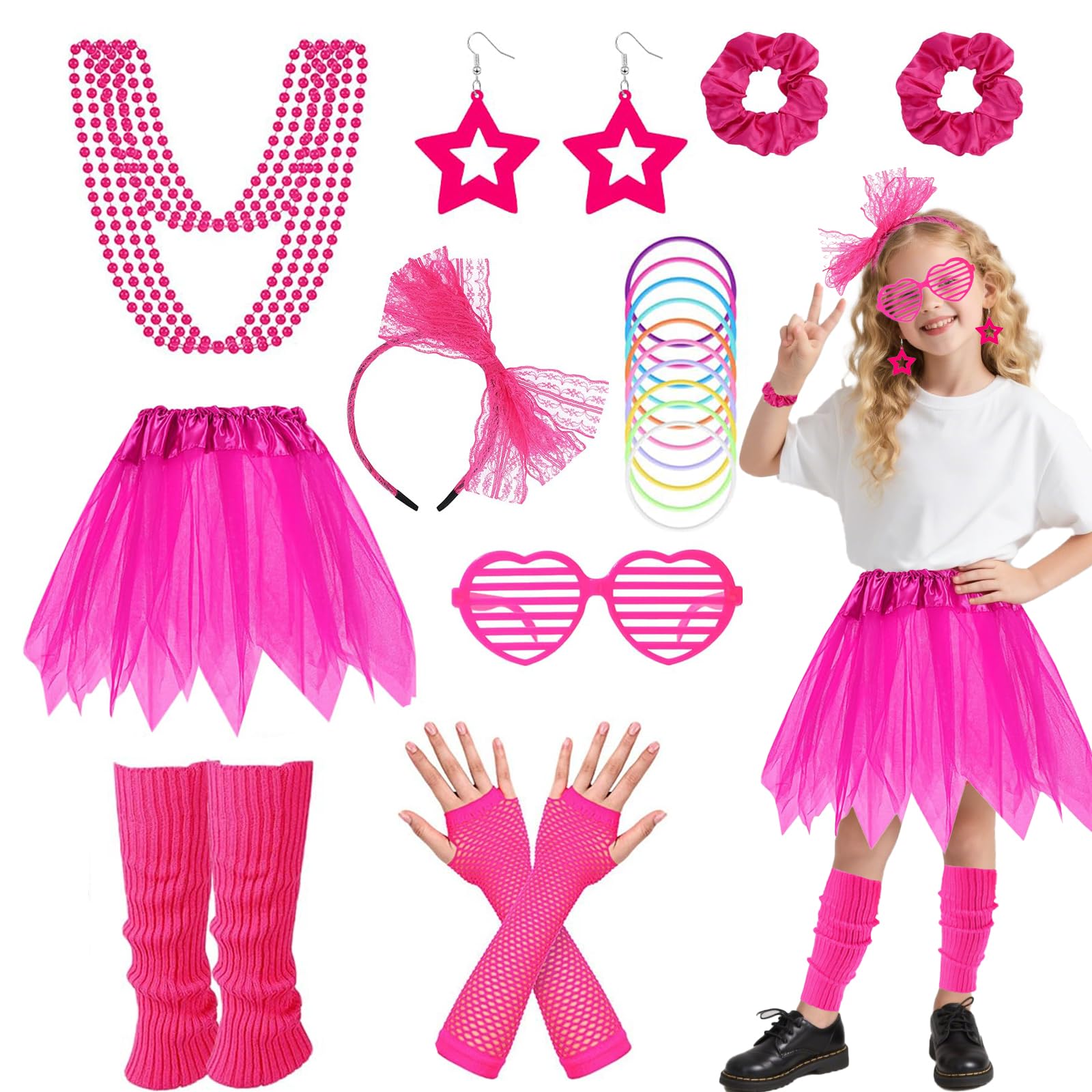80s Fancy Dress for Kids  Neon 80s Costume Accessories Set for Girls, Retro Party Outfit with Tutu Skirt, Fishnet Gloves, Leg Warmers, Glasses, Bracelets, Earrings & Necklaces for 80 Disco Cosplay