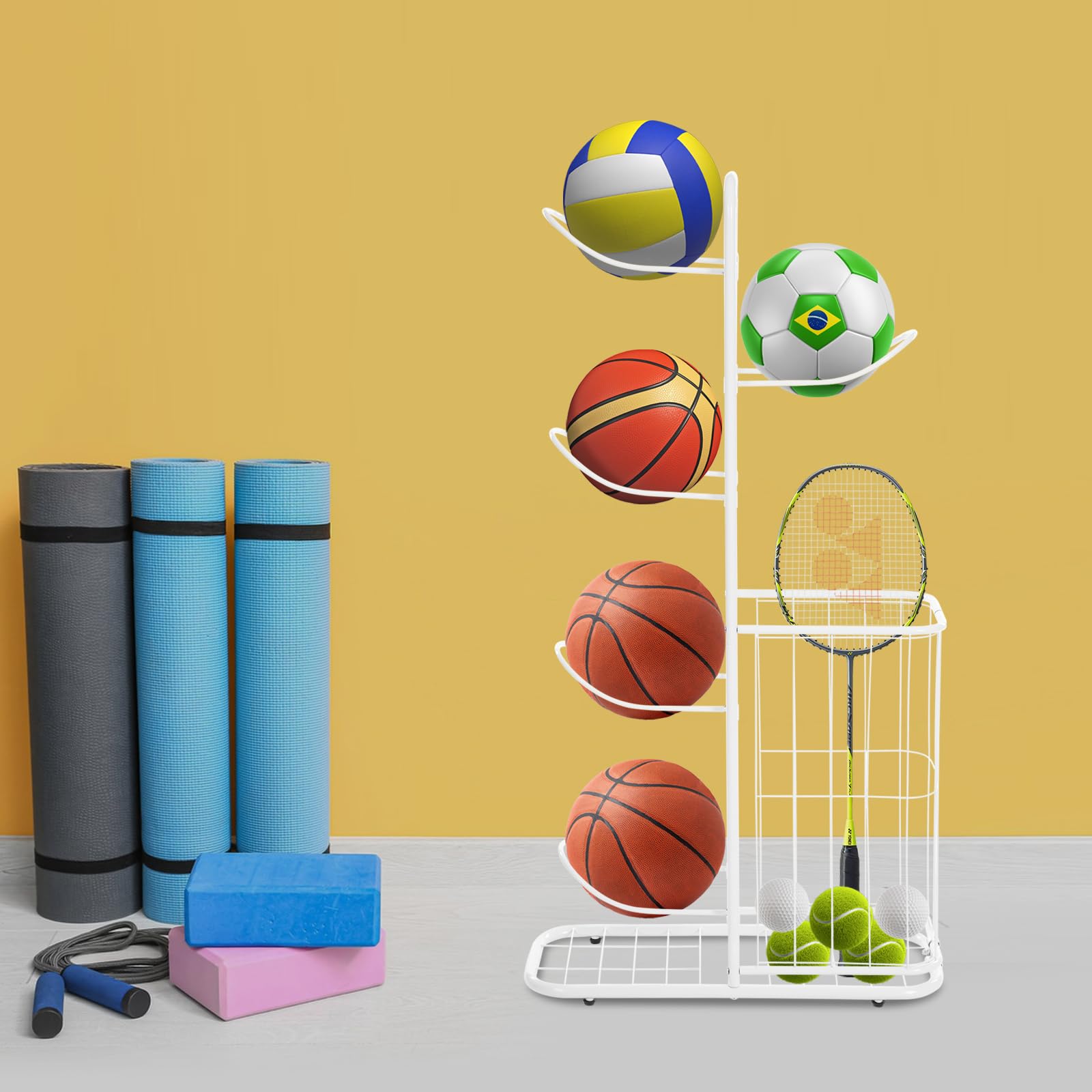 Vertikales Ballständer für 5 Bälle, Basketballständer Ballaufbewahrung Innenbereich Ballregal Ballhalterung Stehend Ballhalter Ball Ständer für Fußball Basketball