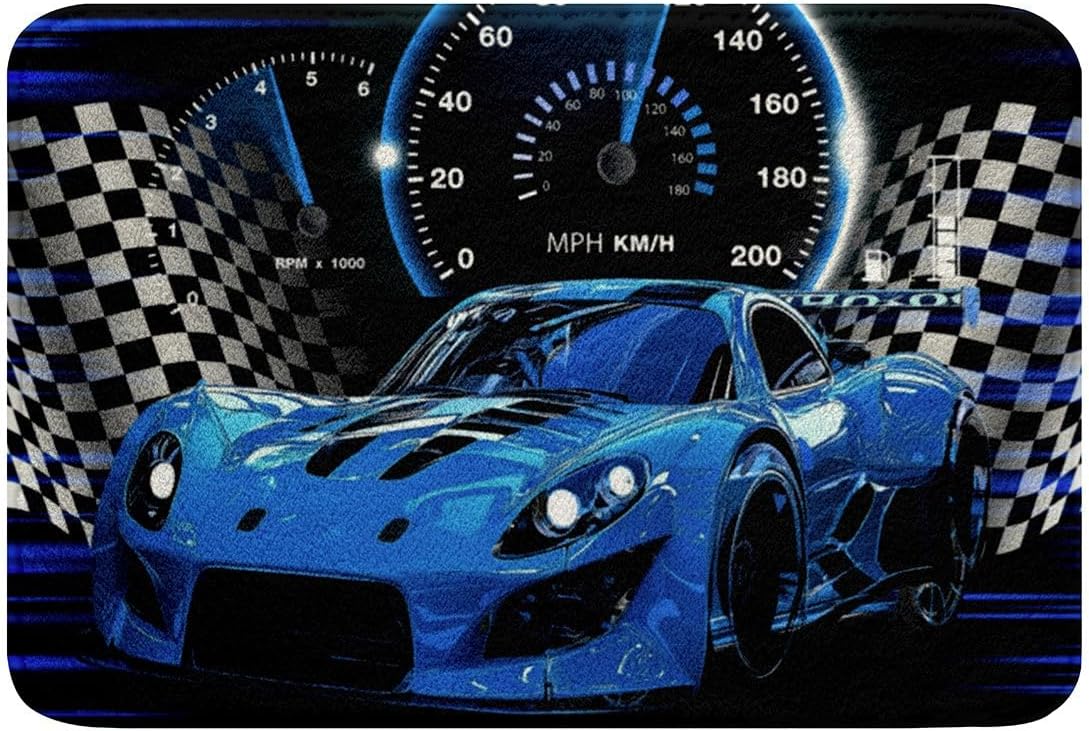 Feelyou Speed Sports Car Bathroom Rugs for Kids Boys Girls Blue Race Car Bath Rugs for Shower Tub 20"x32" Racing Car Bath Mats for Bathroom Decor Extreme Sports Bathroom Accossories Adventure
