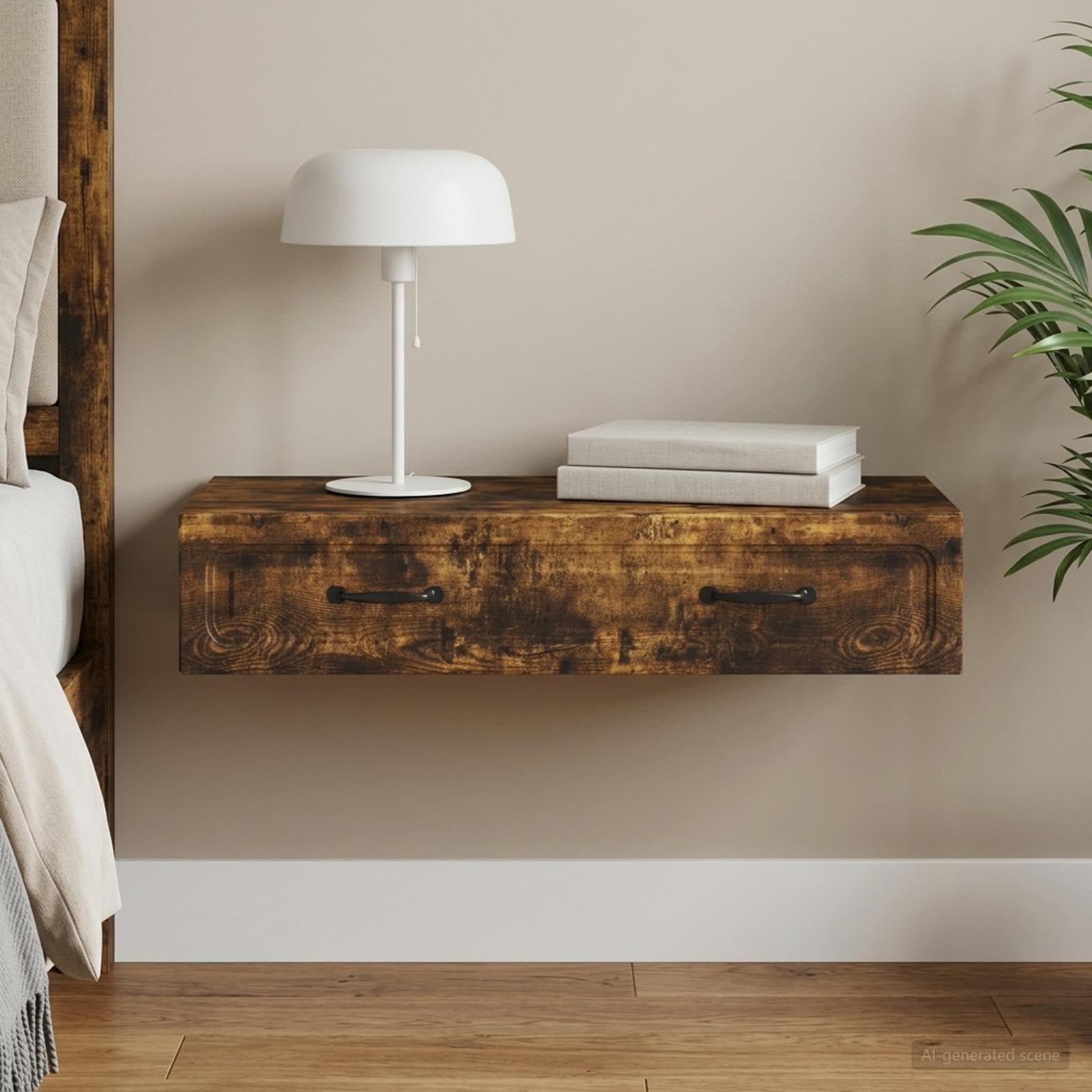 Stolik boczny dębowy dymu 87,5 x 34,5 x 17 cm | Drewno inżynieryjne, 1 szuflada, regulowane półki, do biura domowego, maks. obciążenie 60 kg
