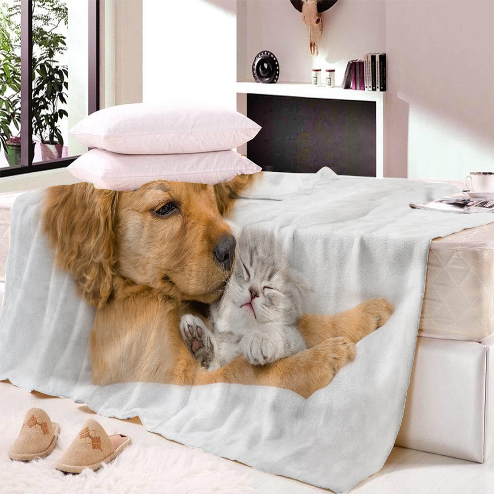 Couverture Polaire 180x200 cm Golden Retriever, Plaid Polaire Golden Retriever Flanelle 2 Personnes, 3D Imprimée Couvertures et Plaids Doux et Chaud for Canape Lit