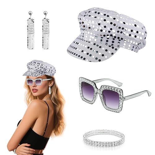 4 Piezas Disco Accesoriosde los años 70, Abba Accessories con Sombrero de Lentejuelas