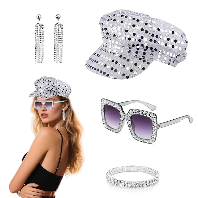 4 Piezas Disco Accesoriosde los años 70, Abba Accessories con Sombrero de Lentejuelas