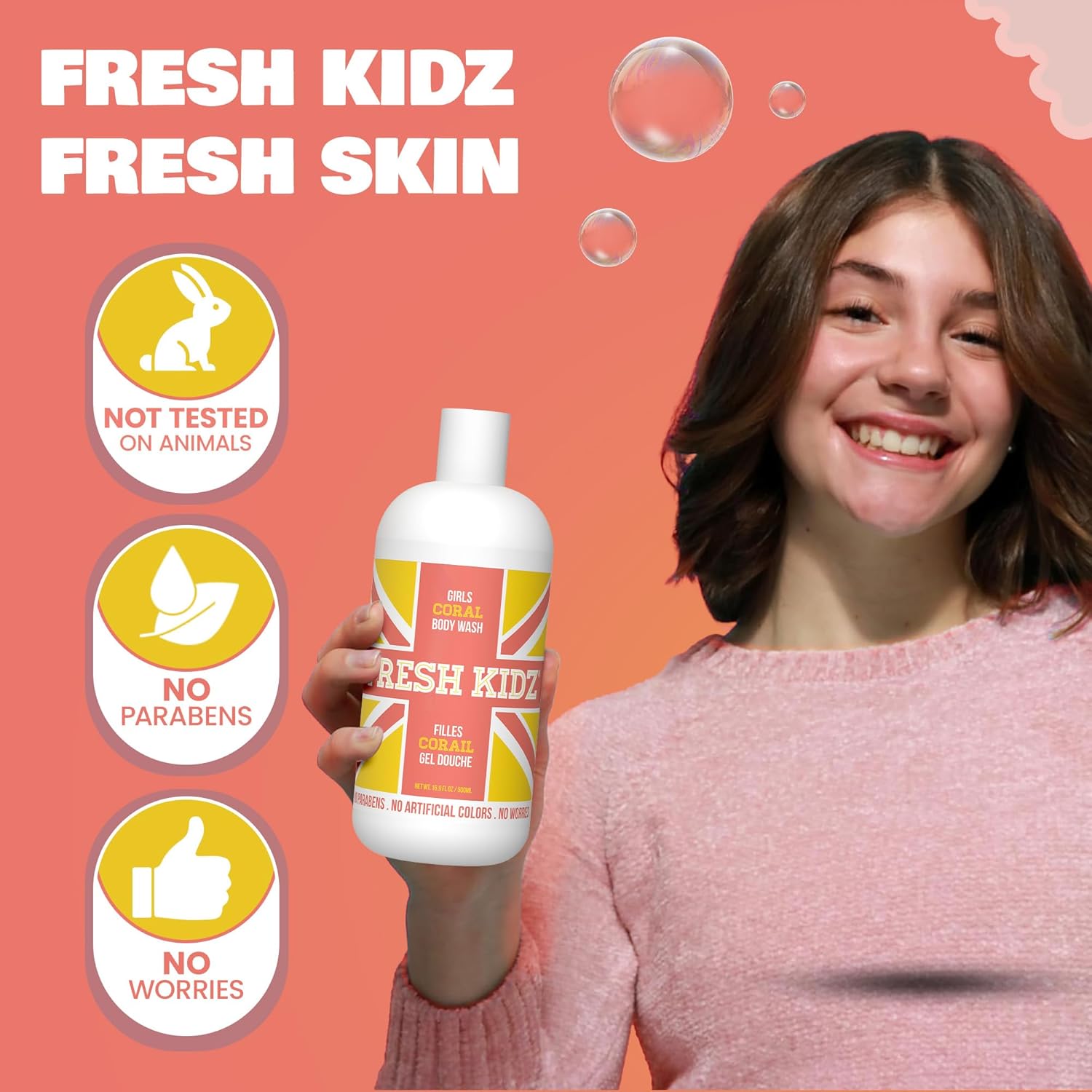 Fresh Kidz Body Wash 16.9 fl.oz. and 2 Roll-On Deodorants 1.86 fl.oz. for Kids and Teens - Girls Coral Set
