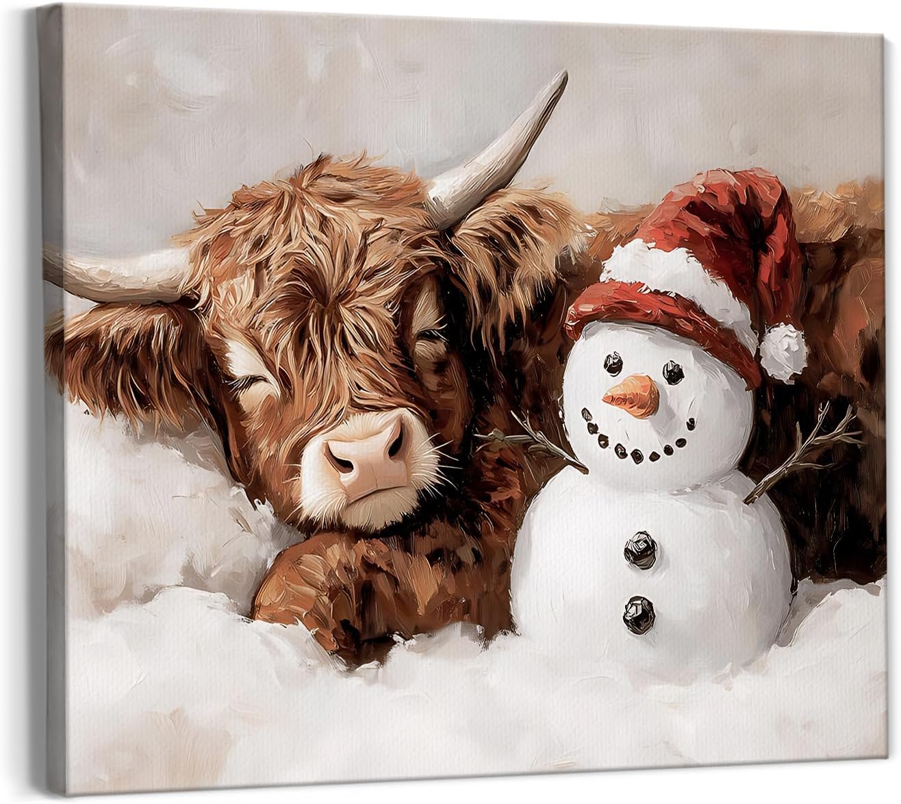 Qabliqo Christmas Snowman Highland Cow Framed Wall Art, Kids Christmas Wall Decor, Snowy Farm Animal Holiday Winter Scene Canvas Poster Prints Pictures for Nursery Home Kids Bedroom, 14x11 Inches 11×14 Christmas Snowman Highland Cow