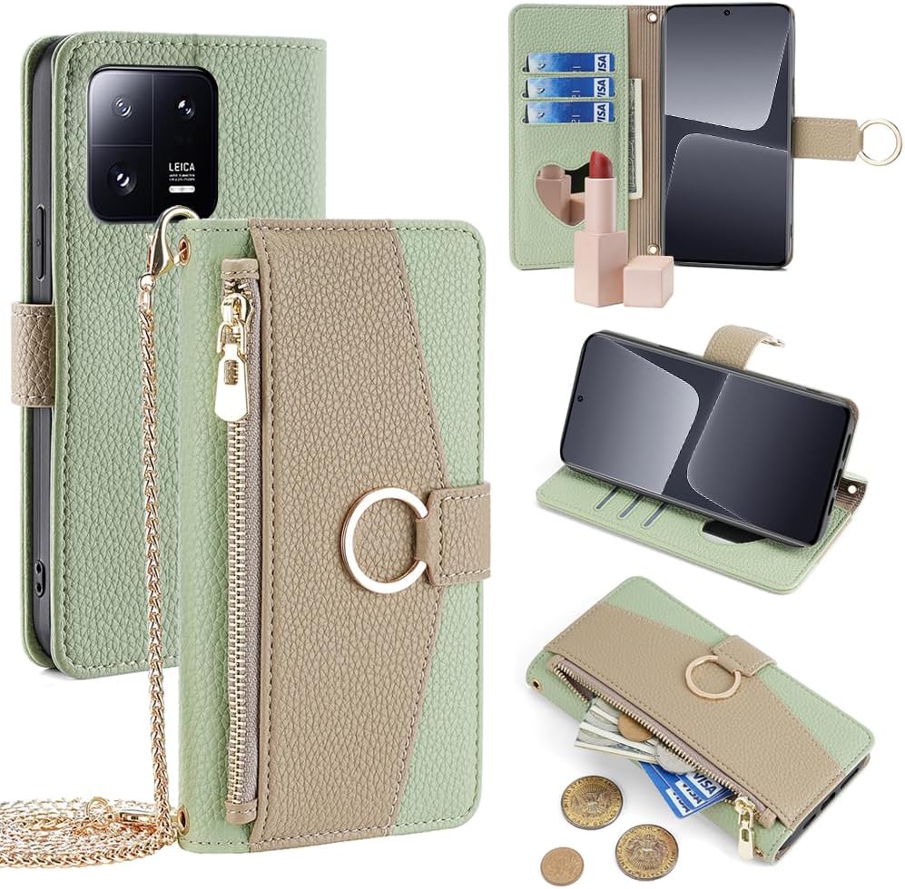 Wallet Case with Crossbody Strap Compatible for Xiaomi Redmi Note 13 Pro+ 5G, Magnetic Handbag Zipper Pocket Cases PU Leather Flip Shockproof Cover with Kickstand Redmi Note 13 Pro Plus Green