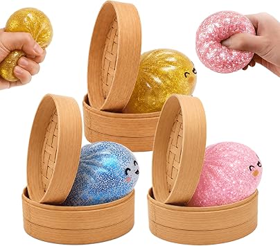 3Pack Dumpling Squishy, Big Glitter Mystery Dumplings Squishies Box, Cute Bao Bun Fidget Real Office Desk Decor, Soft Sensory Squeeze Ball with Steamer for Anxiety Stress Relief, Novelty Surprise Gift