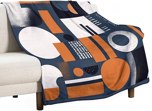 Manta de franela de mediados de siglo, color azul marino, naranja quemado, estética abstracta, geométrica, acogedora, manta moderna de mediados de