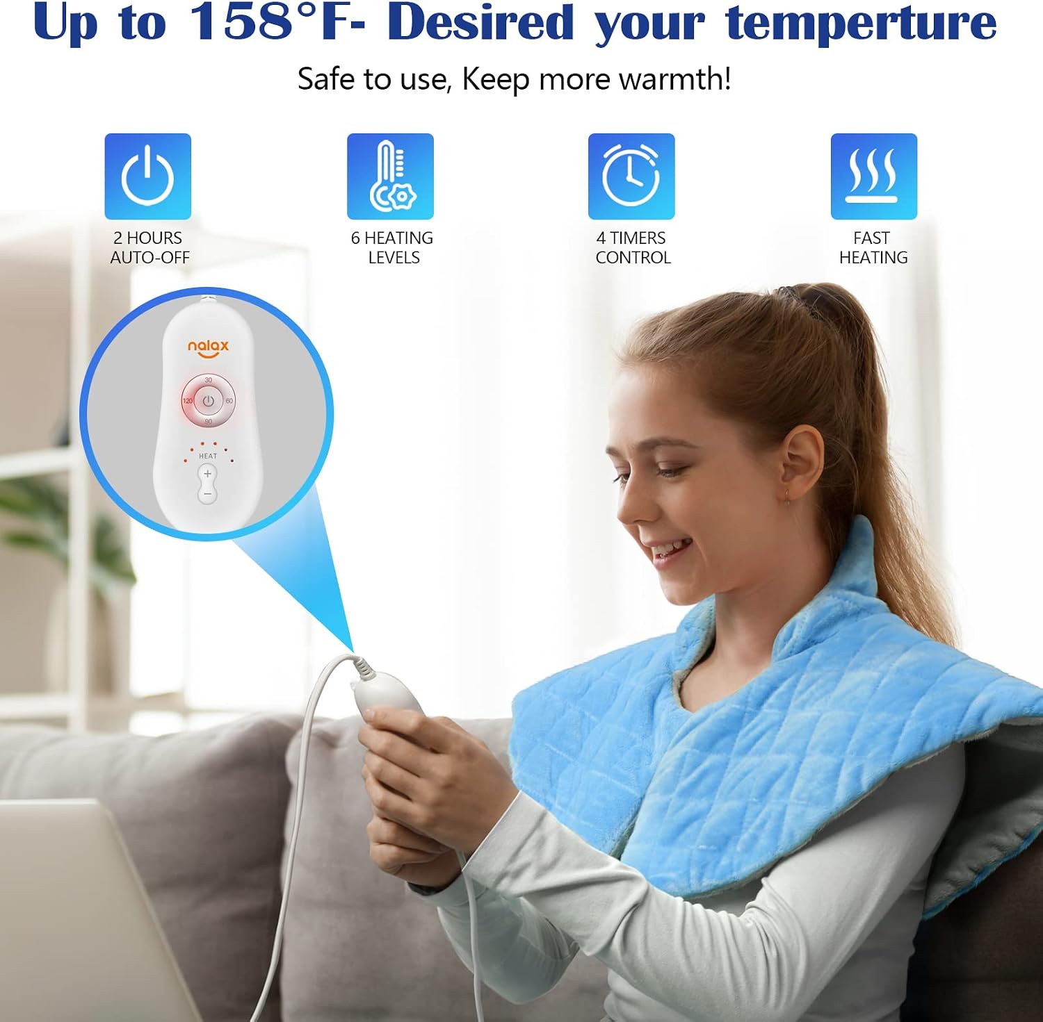Heating Pad for Neck and Shoulders,Nalax Large Electric Heated Wrap for Pain Relief with 6 Heated Settings,4 Timer,2 Hours Auto Shut Off