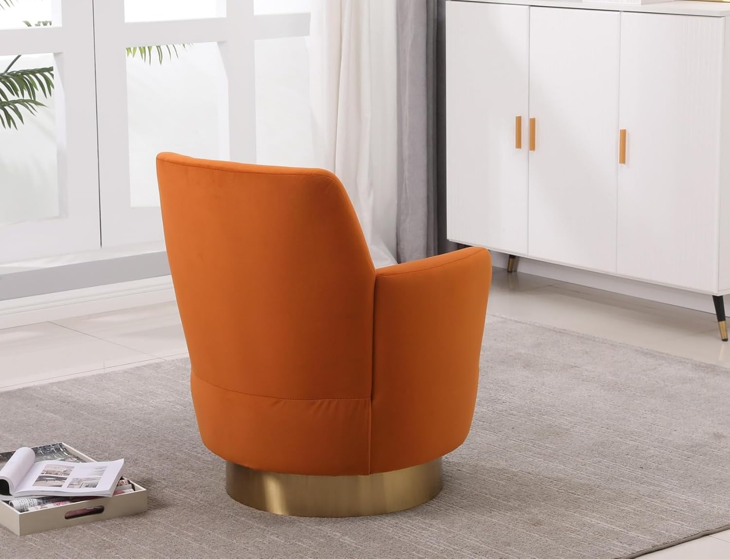 KEIKI Velvet 360° Swivel Barrel Chair with Stainless Steel Base, Accent Round Single-seat Upholstered Reading Sofa Armchair for Nursery, Reading, Living Room, Bedroom, Lounge, Hotel, Orange Velvet