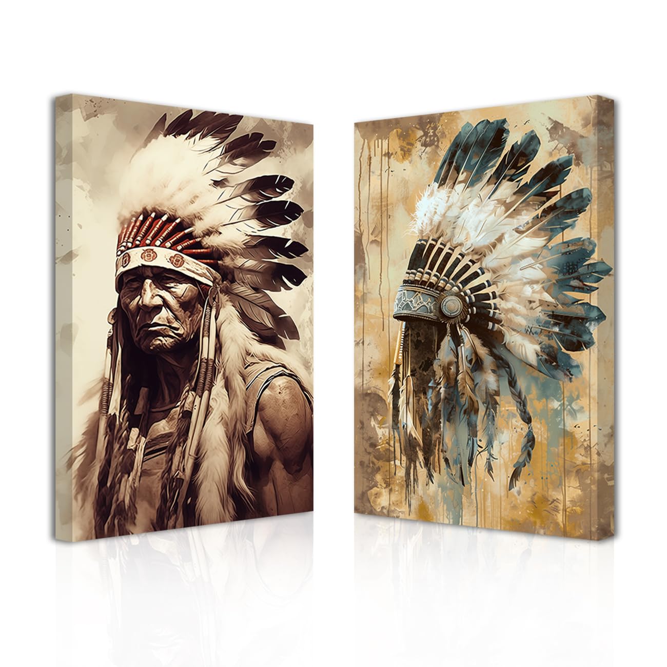 LZIMU Native American Wall Art 2 Pieces Indian Chief with Feathered Headdress Picture Prints Vintage Tribal Theme Painting Southwest Artwork Indian Wall Decor Framed (Brown, 60.00 x 90.00 cms x 2PCS)