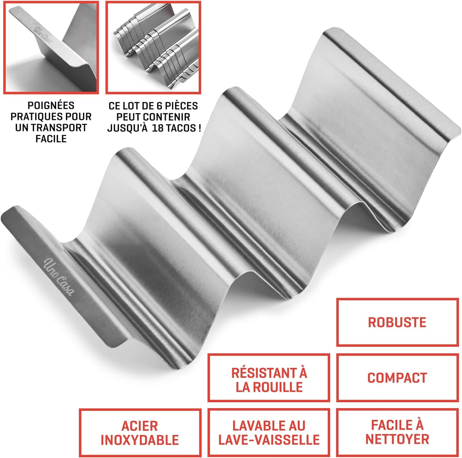 Uno Casa Juego de 12 soportes para tacos Soporte metálico para tortillas - Bandeja para tacos resistente para los martes de tacos o como molde para tortillas, Ebook de recetas