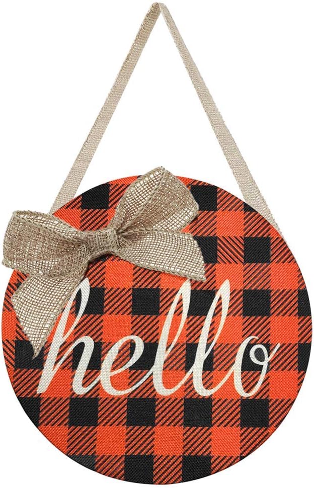 Fall Wreaths for Front Door - Fall Decor for Home - Orange Buffalo Check Plaid Burlap Hello Sign Door Hanger - Fall Wreath for Autumn Halloween Thanksgiving Harvest Farmhouse Porch Wall Decorations