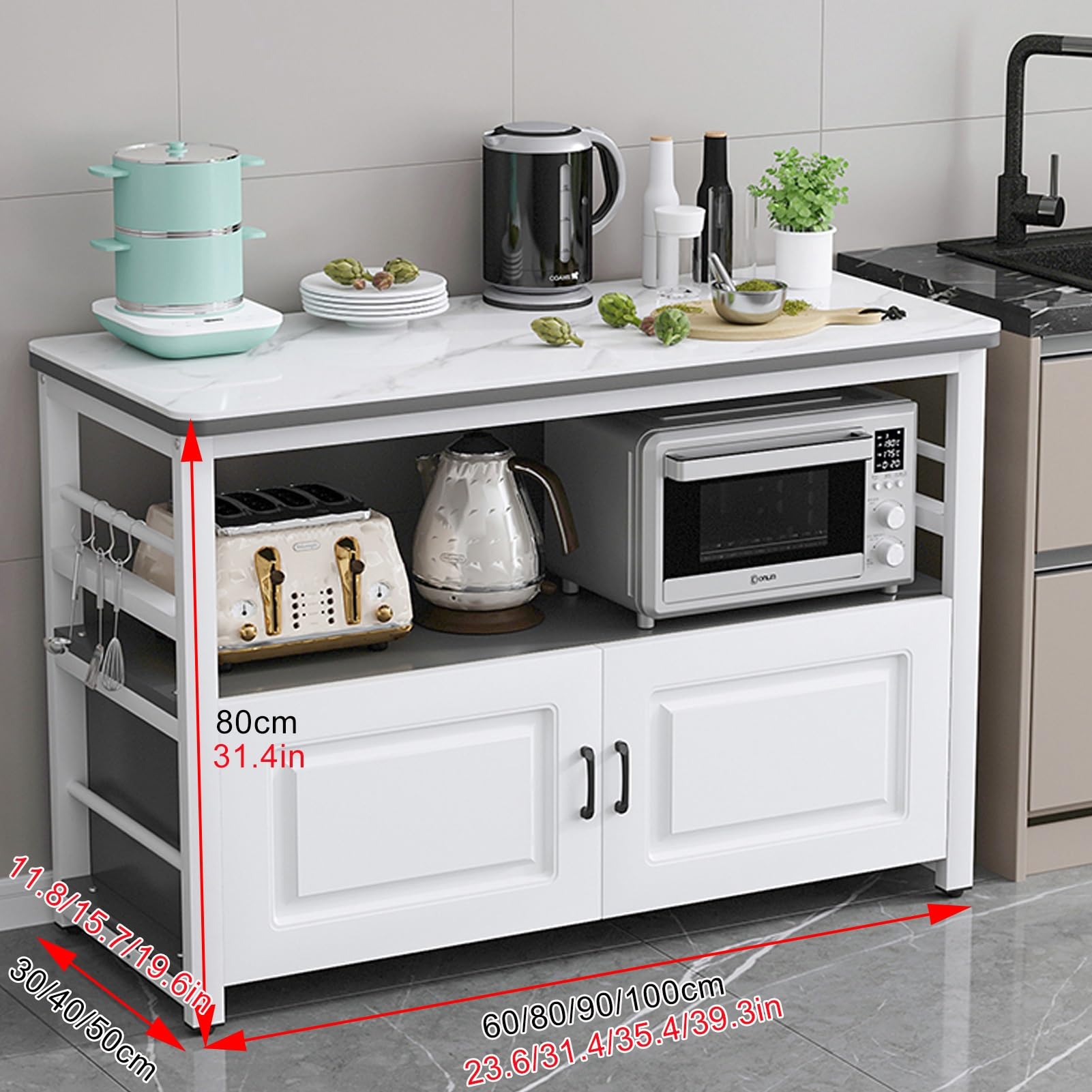Scaffale da cucina grigio con piano di lavoro, supporto per microonde e mensola per sala da pranzo, credenza buffet, dispensa, 80 x 40 cm