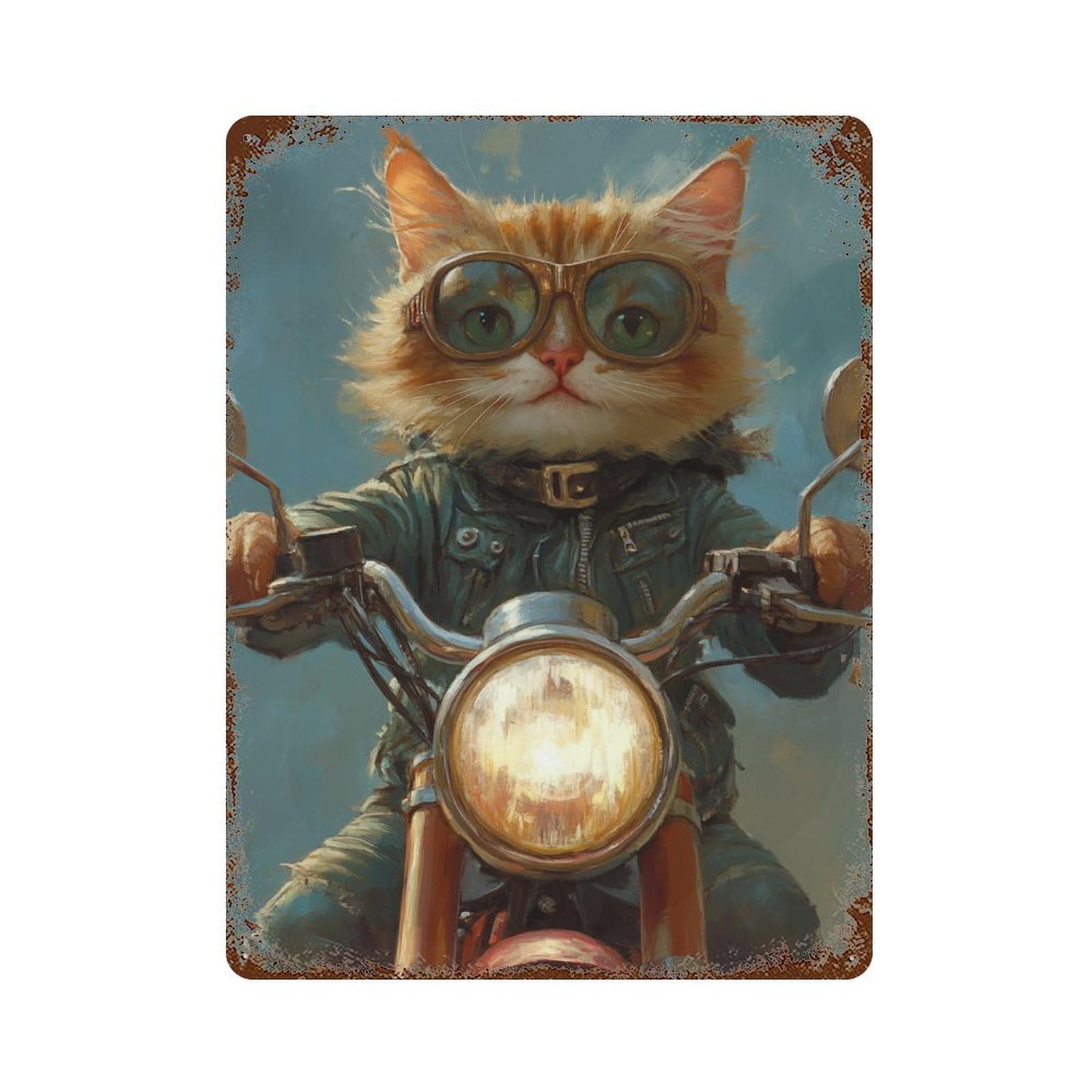 Rider Cat Biker Style -3 Rust Effect Tin Sign 15.7"x11.8", Farmhouse Wall Decor for Living Room, Hallway And Home Decor
