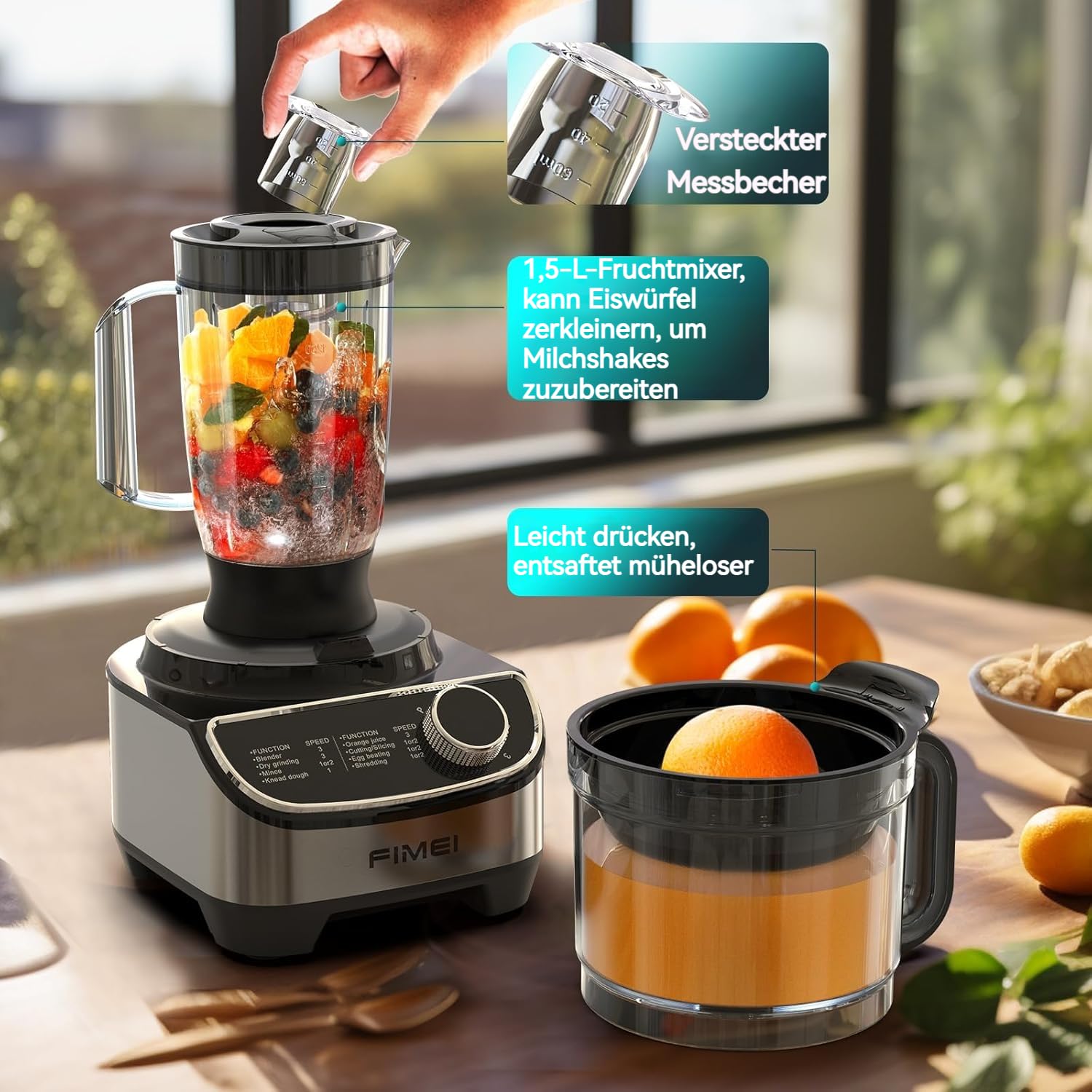 FIMEI Küchenmaschine 1300W, 3 Geschwindigkeiten und Impulsfunktion, 3,5L Zerkleinerer, 1,5L Mixer, Mühle, Zitruspresse, Teighaken, Schneebesen, Reibe, Wendescheibe, Food Processor