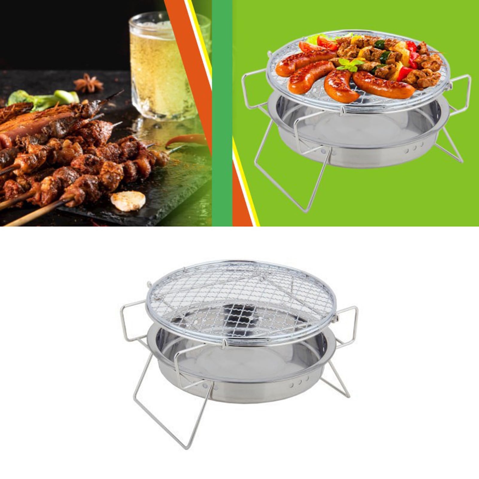 Przenośny Okrągły Składany Grill, Grill ze Stali Nierdzewnej na Piknik na Kempingu, z Odłączanymi Elementami i przestronną powierzchnią do Gotowania (Duży 30 * 19,5)