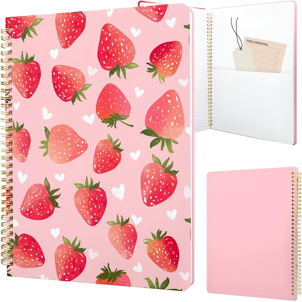 Cute Spiral Notebook 8.5 x 11 lined Journal A4 with Pocket, Berry | 70 page, Note Book with Pocket, Large, Big, Hard Cover, Aesthetic, Pretty Design, for Women, Girls, Kawaii