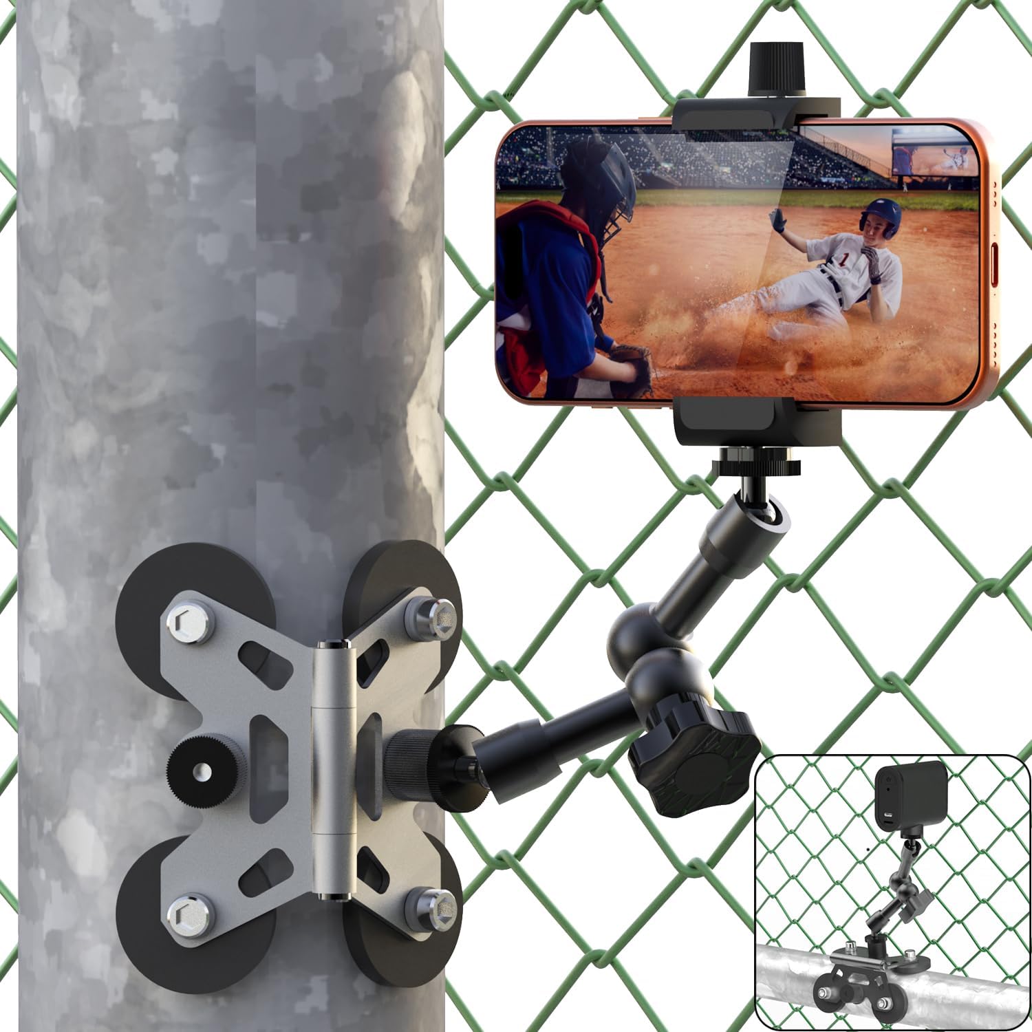 Magnetic Cell Phone Fence Mount for Universal Compatibility with Mevo Start, iPhone, GoPro & Action Cameras, Adjustable Arm with 360 Movement, Secure Magnetic Grip (Gray)