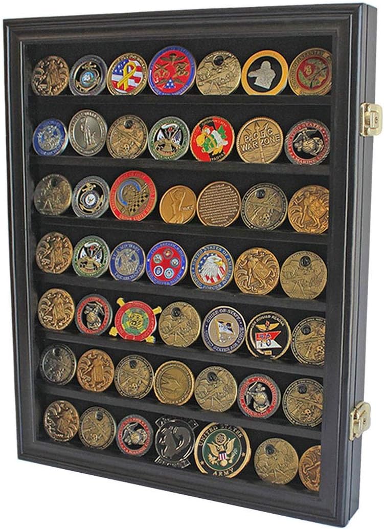 flag connections Lockable Military Challenge Coin Casino Chip Display Case Cabinet Rack, Real Glass Door, COIN26-BLA