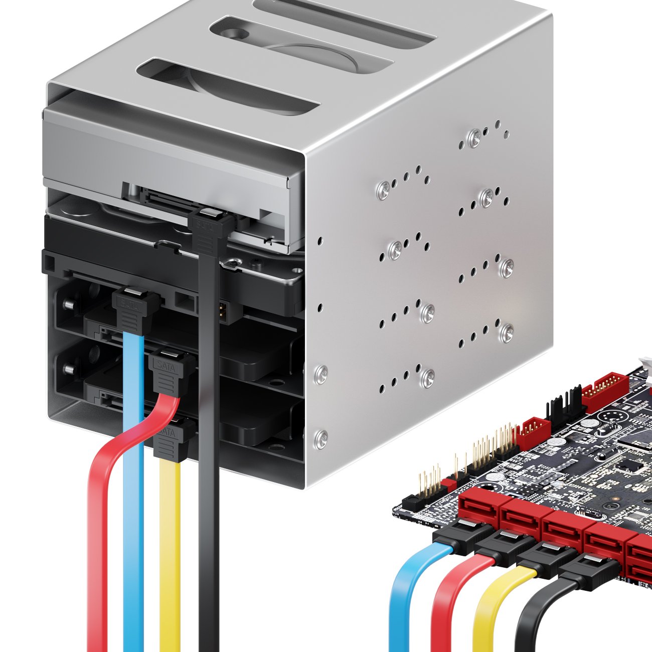 deleyCON Kabel SATA III 4 x 50 cm S-ATA 3 kabel do transmisji danych 6 Gbit/s kabel połączeniowy do HDD SSD - metalowy klips - 1 x prosta 1 x wtyczka typu L 90° - żółty/czerwony/niebieski/czarny