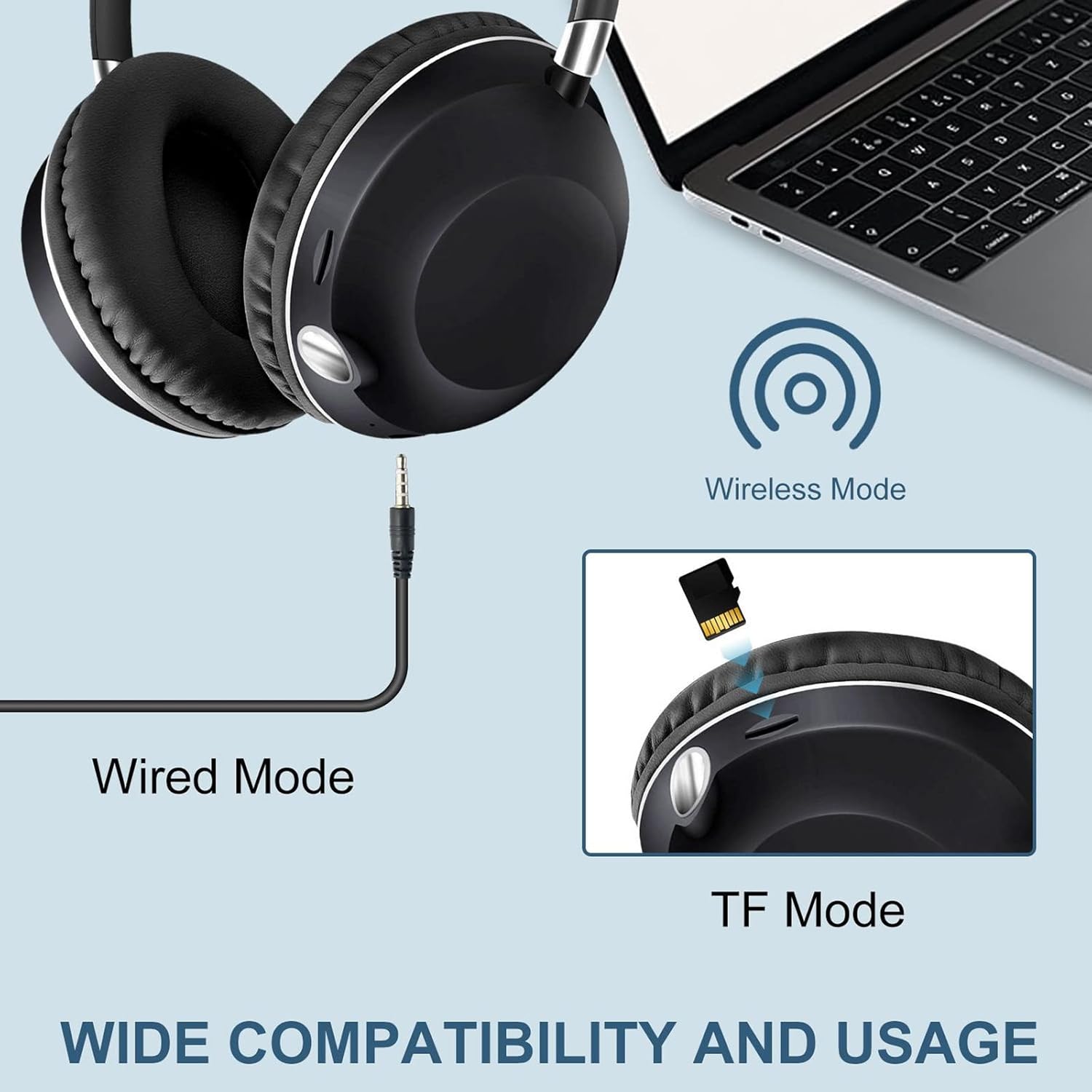 bluetooth tri mode headset wireless heavy bass over ear foldable wireless and wired stereo headsetsoft earmuffs light weight for prolonged wearing
