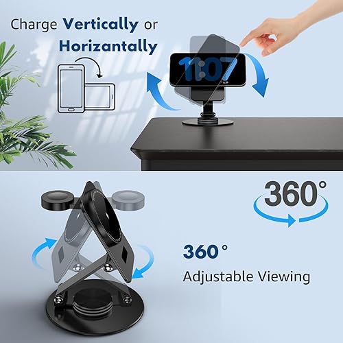 Miniatura 3 de Aukvite Soporte de carga Magsafe 2 en 1, soporte de carga seguro giratorio de 360 para iPhone 15 Pro 14 13 12, estación de carga inalámbrica