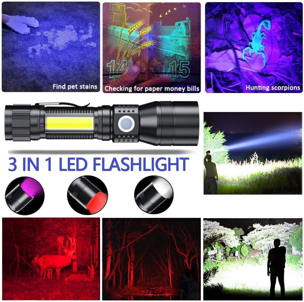 Black Light UV Flashlight Rechargeable, 3in1 Super Bright LED Tactical Flashlight UV Black Light &Redlight, 1200Lumen 7Modes, Zoomable, Waterproof Pocket Flashlight for Pet Stains Detection/Camping - - 
