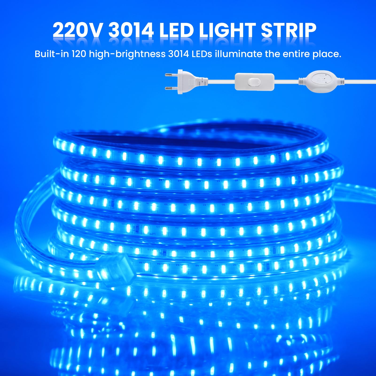 Tira de Luz LED con On/Off, AC220-240V, 100m Azul, SMD3014, IP67 Impermeable Flexible,Diseño DIY, Dormitorio, Salón, Sala de Juegos, Cocina, Fiesta, Decoración de Tiendas