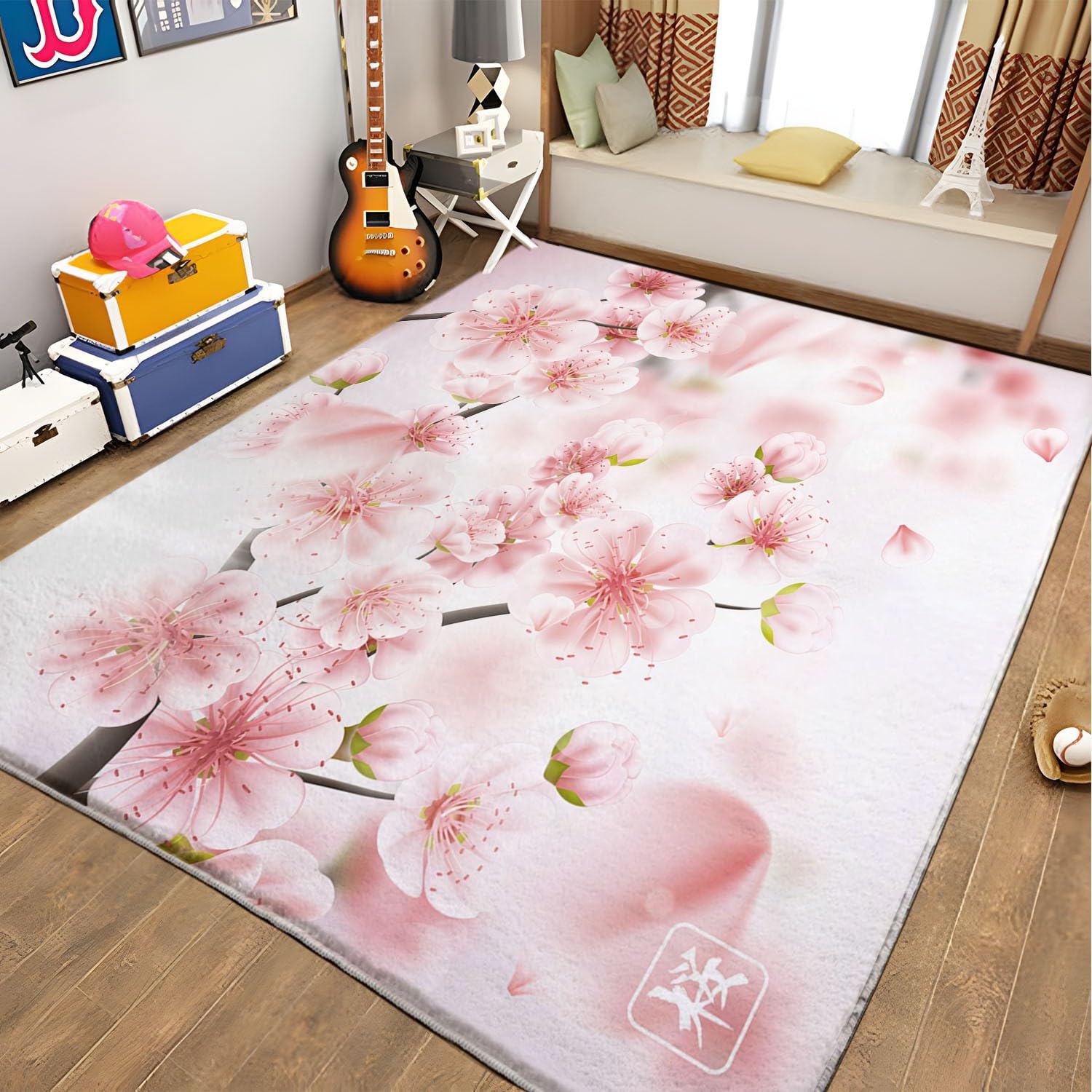 Rose Tapis de Salon 80 x 150cm Fleurs de Cerisier Roses du Japon Tapis Doux Poils Courts Moderne Antidérapant Grand Tapis pour Salon Chambre Décoration d'intérieur Garçons Filles Adolescents