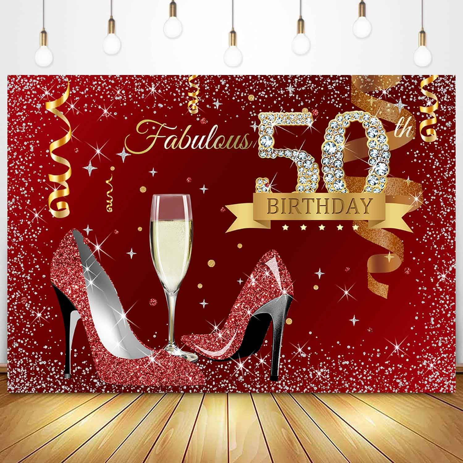 Sensfun 7x5ft Red Gold 50th Birthday Backdrop Glitter High Heels Champagne Golden Confetti Background Silver Dots Fabulous 50th Birthday Party