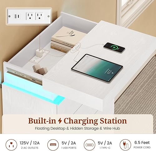 Miniatura 3 de Cómoda alta blanca de 6 cajones para dormitorio, espacio de almacenamiento con tapa deslizante, cómodas modernas de madera con luz LED y toma de 6