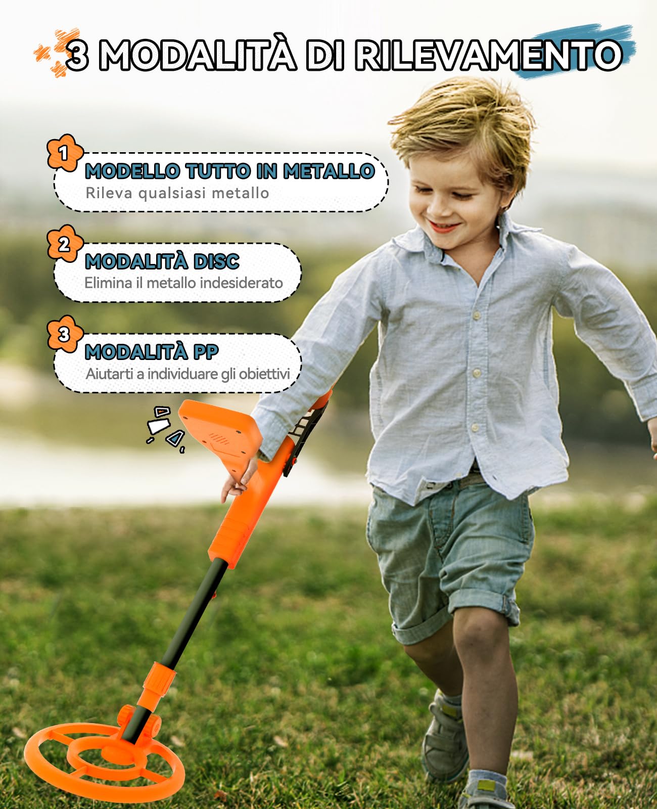 SUNPOW Metal Detector per Bambini - Metal Detector Leggero e Impermeabile - con Display LCD Cartoon, 3 modalità, Rilevatore d'Oro Regolabile - Facile da trasportare e da usare