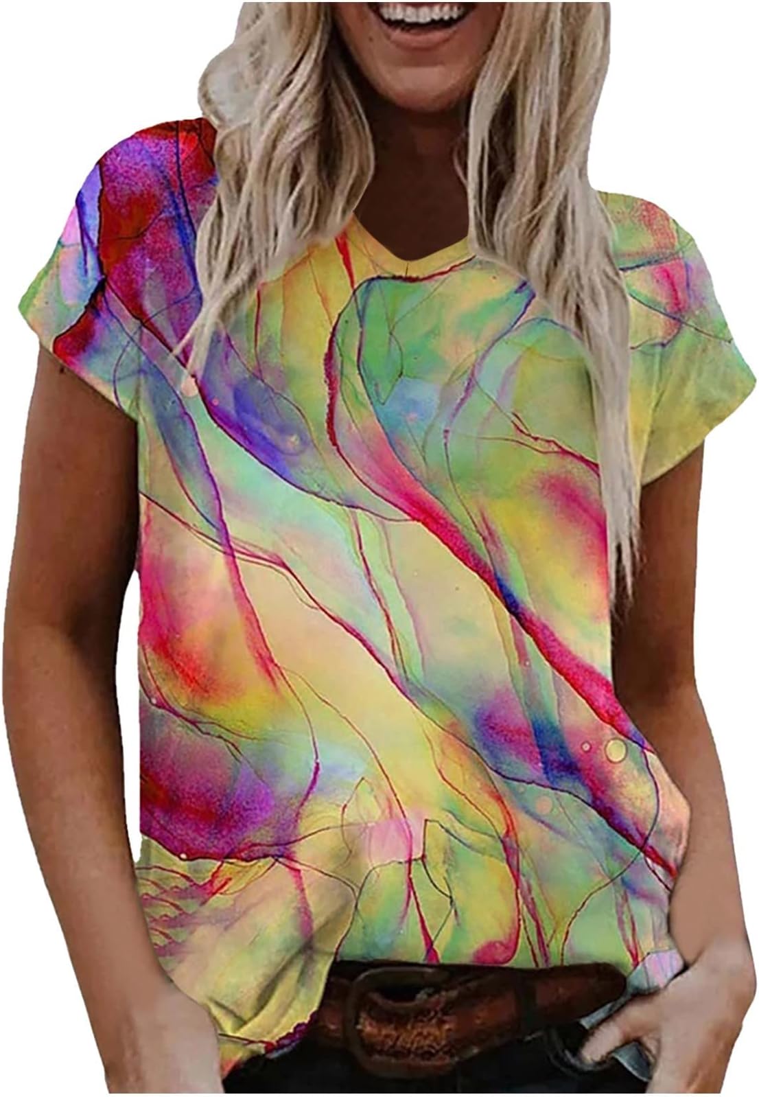 WANGXIYAN Summer Women Tie Dye Tops Fashion Casual Loose Fit Short Sleeve Crewneck Printing T-Shirt Comfy Soft Blouses Tees, Orange,green