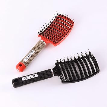 Covios Boar Bristle Hair Brush Set of 2, Curved Vented Brush Faster Blow Drying, Professional Curved Vent Styling Hair Brushes for Women?Men?Kids .Paddle Detangling Brush for Wet Dry Curly Short Long Thick Straight Hair(Red+Black)