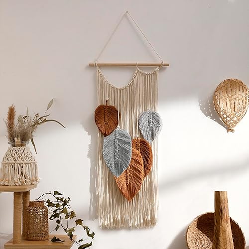 Artilady Tapiz de hojas de macramé (tejido marrón)
