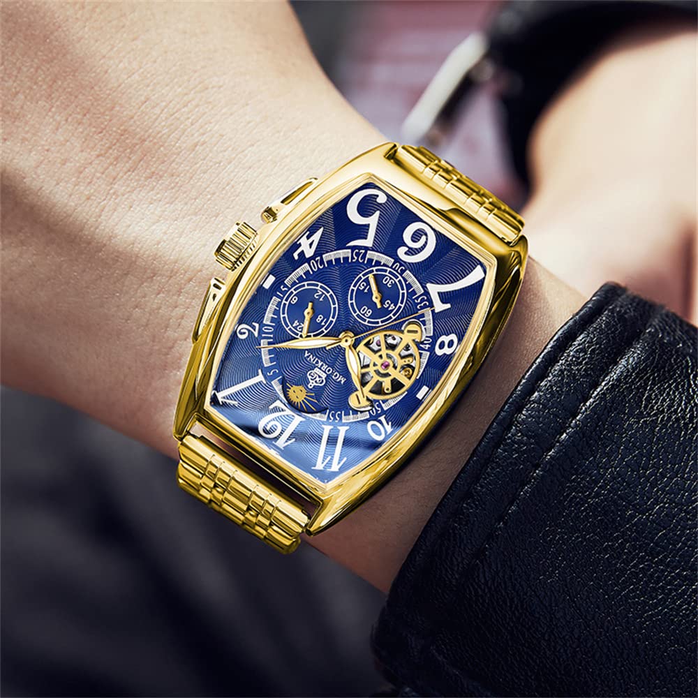 FORSINING Mode Männer Rechteckige Uhren Tourbillon Automatische Edelstahl Uhr Wasserdicht Casual Business Mechanische Armbanduhr, Goldfarben/Blau, Armband