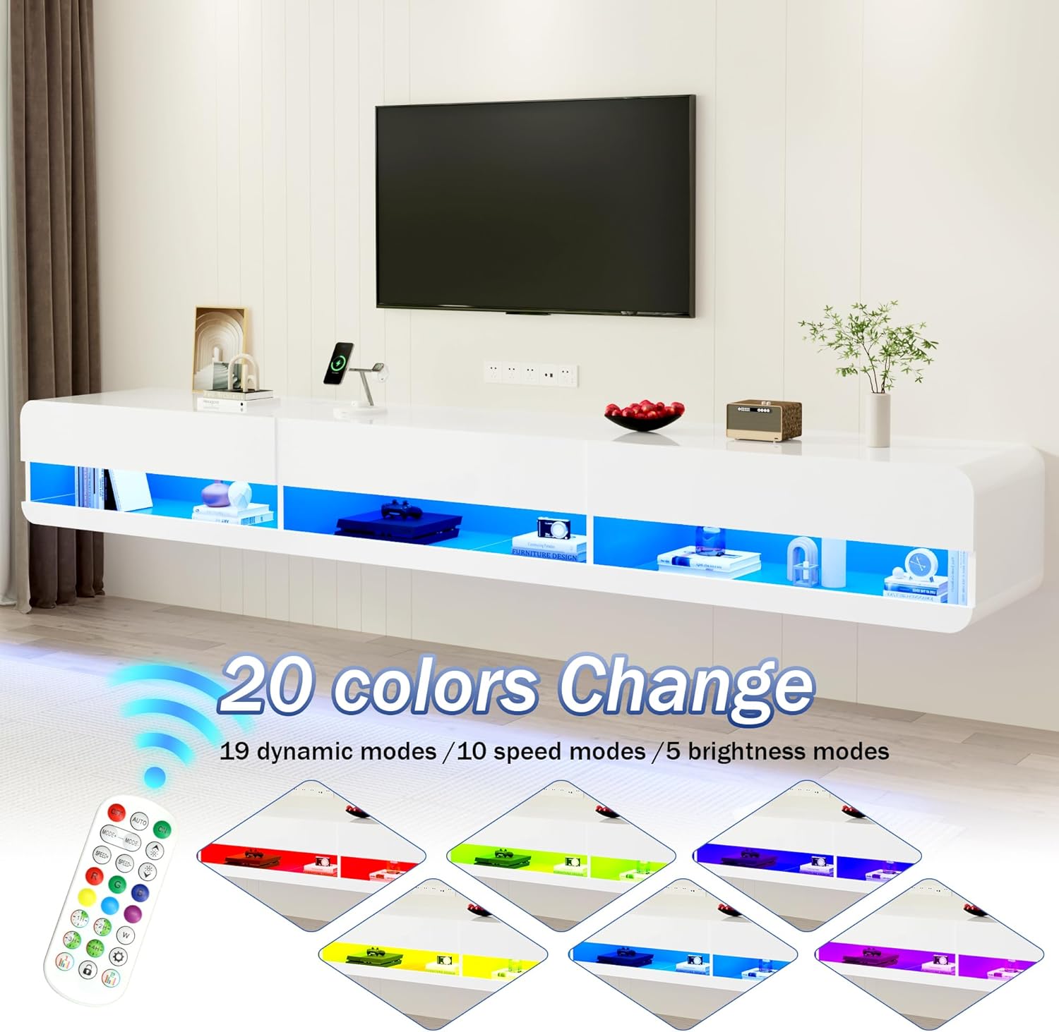 St.Mandyu Floating LED TV Stand for TVs Up to 100 inch, 94.5 inch Modern Entertainment Center with Led Lights & Power Outlet, Wall Mounted Hanging Media Console for Living Room, White