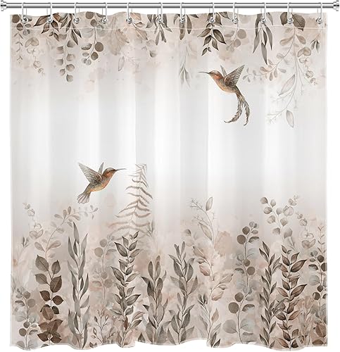 Miniatura 4 de EOBTAIN Cortina de ducha de hojas de otoño, colibrí y hojas de eucalipto sobre blanco, cortina de ducha para baño, cortina de baño de tela de