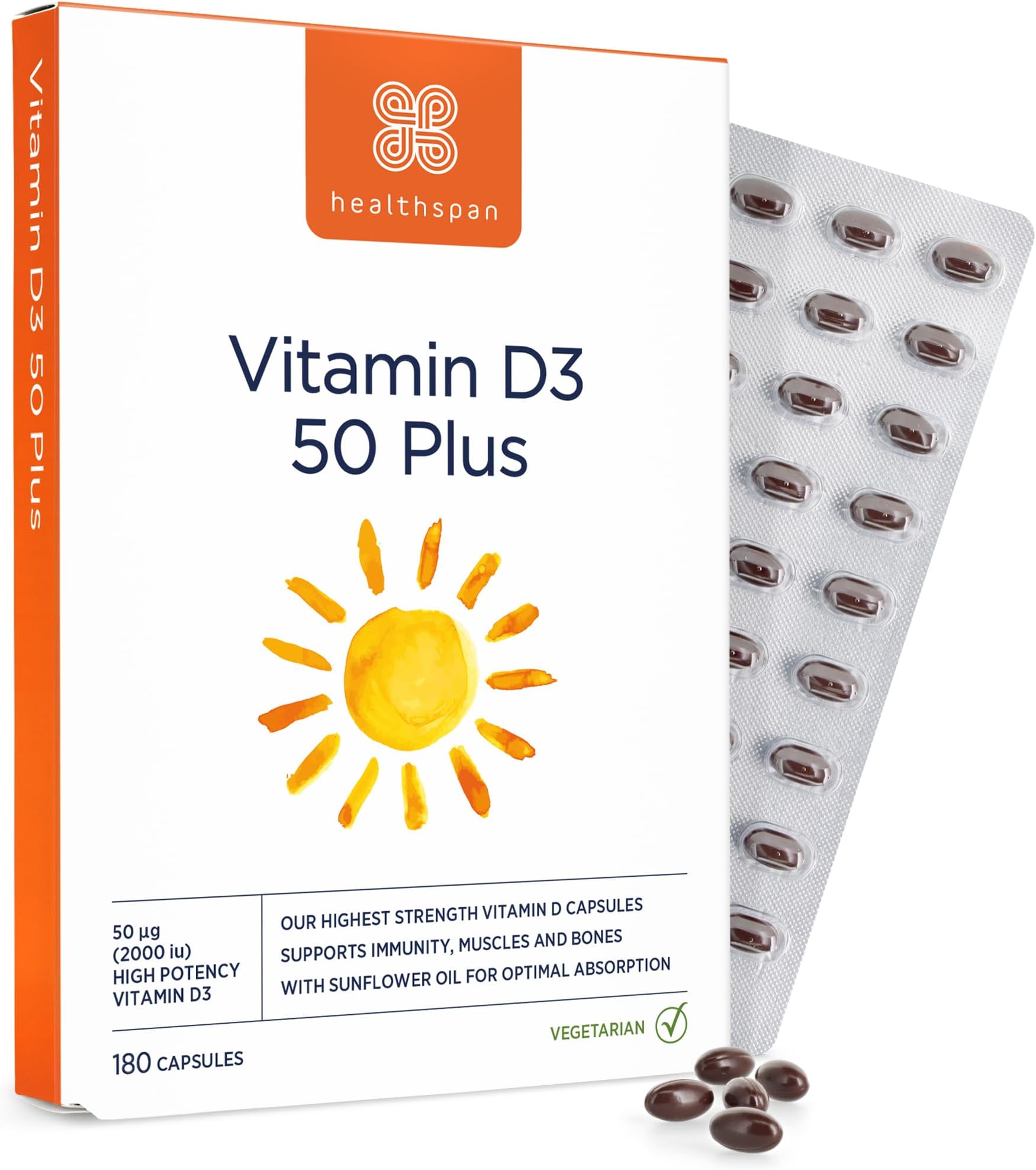 Healthspan Vitamin D3 50 Plus 2000iu (180 Capsules) | Ideal for Anyone Over 50 | Super Strength | Immune Health | Bone, Teeth & Muscle Health | Vegetarian