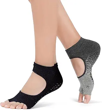 Womens Pilates Yoga Toe Socks with Grips Non Slip Cushioned Crew Socks Mid Calf for Barre Ballet