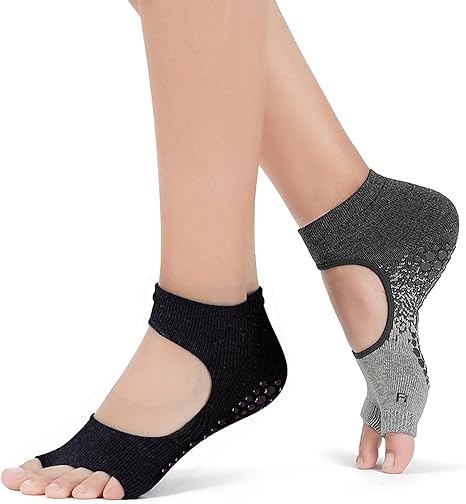 Womens Pilates Yoga Toe Socks with Grips Non Slip Cushioned Crew Socks Mid Calf for Barre Ballet