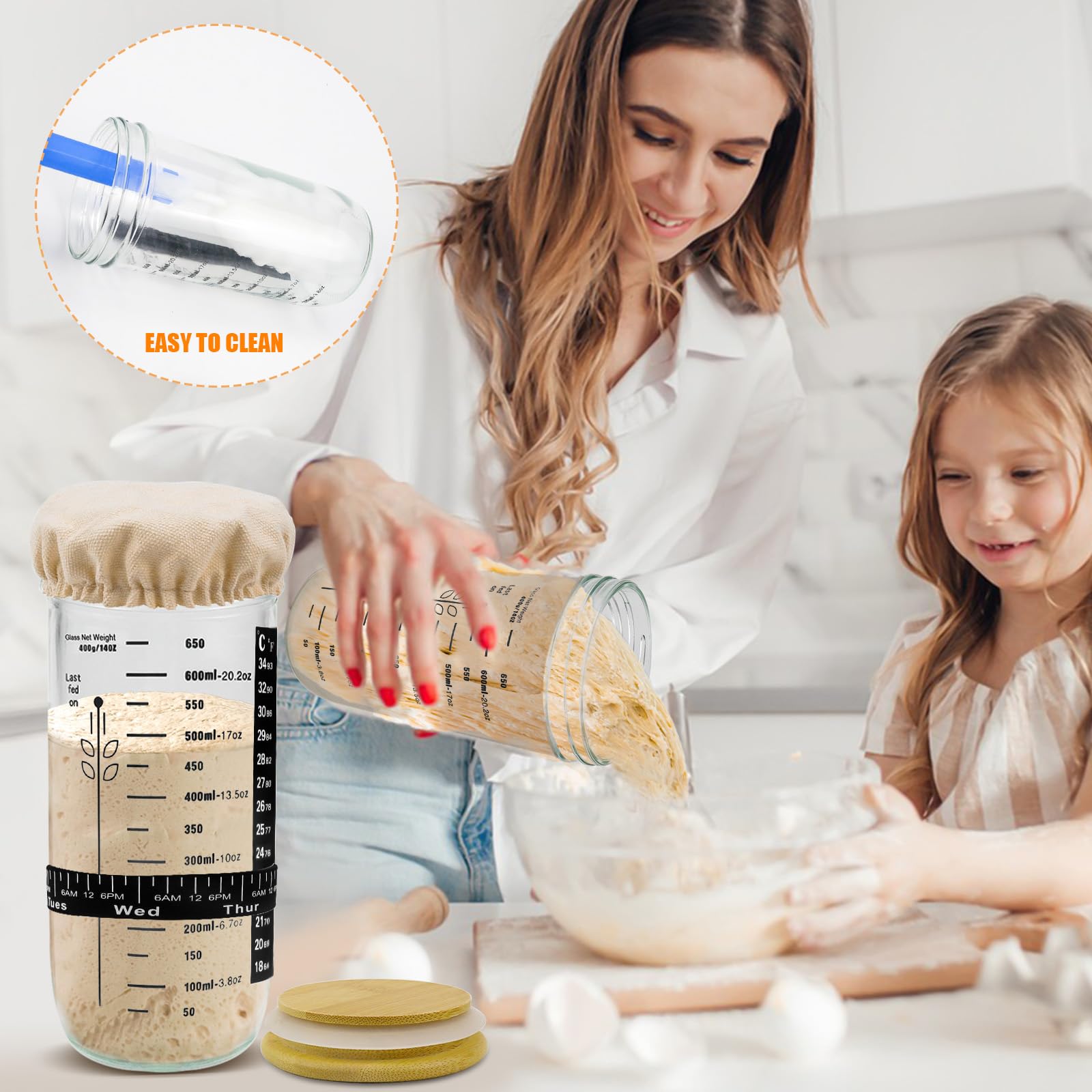 Raxfekro Zestaw startowy do zakwasu, ze szklankami startowymi z aluminiową nasadką, gumową taśmą, papierem termometrem, silikonową szpatułką, kapeluszem materiałowym, etykietą do pieczenia chleba na