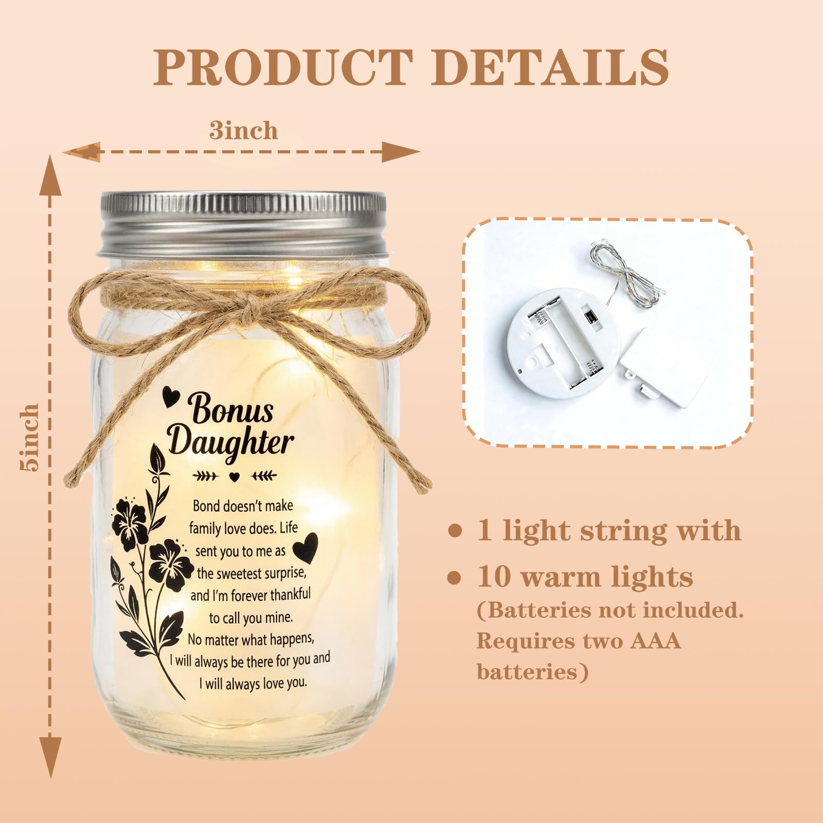 Bonus Daughter Mason Jar Night Light, Bonus Daughter Birthday Gifts from Stepmom, Step Daughter Gifts, Best Step Daughter Gift Idea for Birthday Christmas Comfort Decor